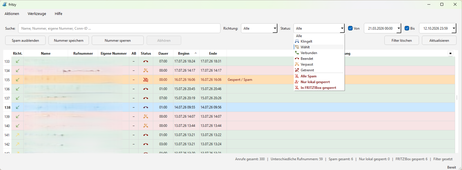 fritzy Statusfilter für FRITZ!Box Anrufliste